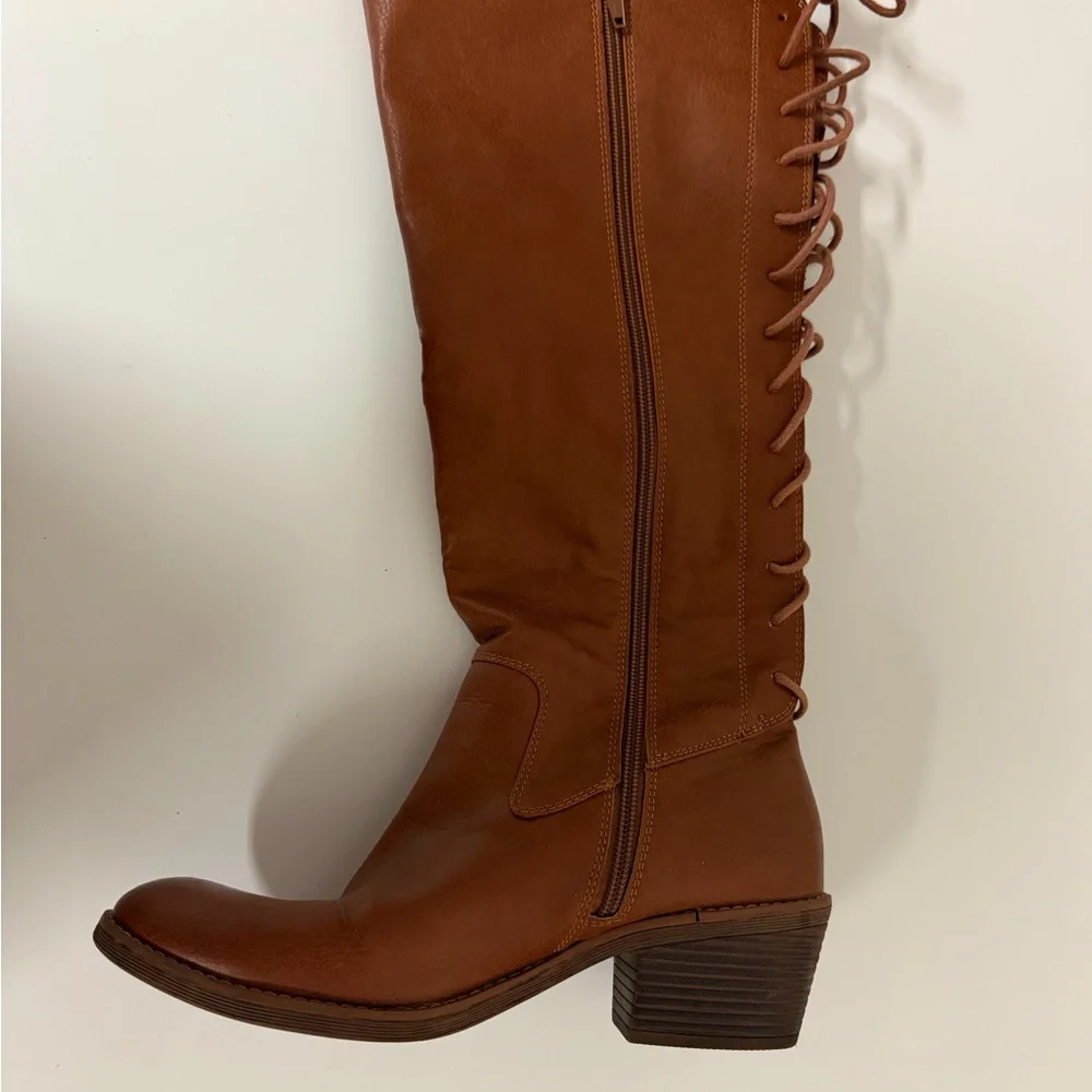 Over-the-Knee‎ Lace-Back Brown Leather Boots